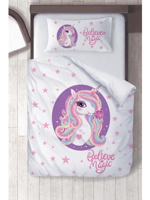 instababyrooms Pamuklu Mikro Saten Beyaz Unicorn Çocuk Odası Çocuk Çarşafsız Nevresim Takımı