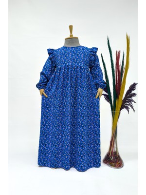 Kız Çocuk Viskon %100 Pamuklu Tesettür Elbise – Amine Model Tam Boy Elbise Mavi