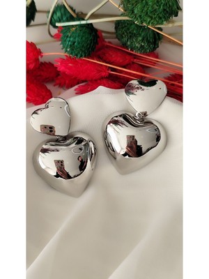 Büyük Çift Kalp Metal Silver Küpe