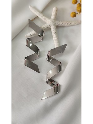 Zigzag Büyük Metal Silver Küpe