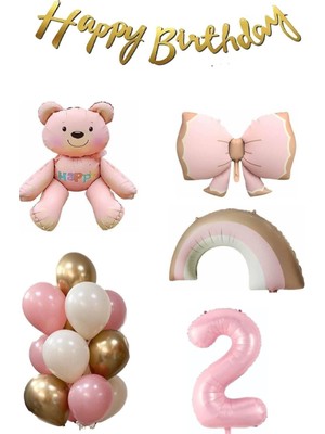 Ayıcık Gökkuşağı Temalı Kız Bebek Konsept Doğum Günü Yaş Seti