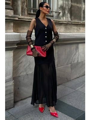 Aisha Elbise Yelek Ve Pilise Etekli Premium Takım 10096