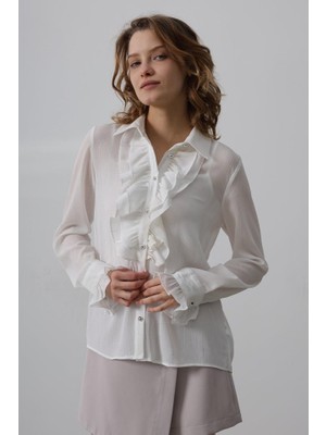 Passense Fırfır Yakalı Şifon Gömlek - Beyaz
