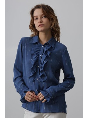 La Mode Istanbul Fırfır Yakalı Şifon Gömlek - Mavi