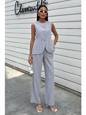 Mira Cotton Çizgili Viscon Keten Yelekli Rahat Takım 10121