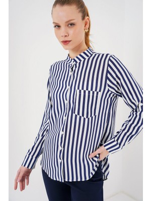 La Mode Istanbul Uzun Kollu Çizgili Gömlek 20283 - Lacivert