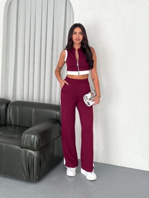 Passense Osy Modal Yumuşak Dokulu Kumaş Tam Fermuarlı Crop Pantalon Ikili Takım - Bordo