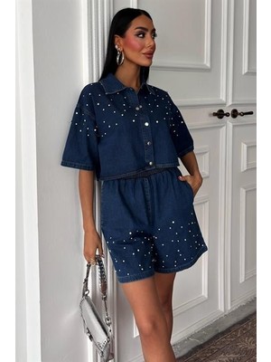La Mode Istanbul Taş Detaylı Gömlek Şort Denim Takım 10175