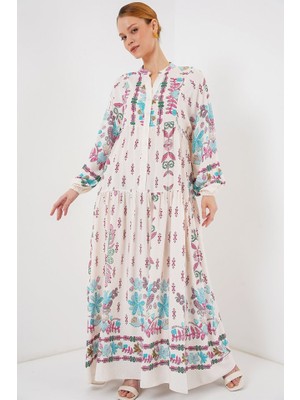 La Mode Istanbul 2423 Otantik Desenli Tesettür Elbise - B.pembe