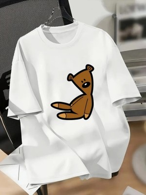 AKN Butik Baskılı Oversize Bisiklet Yaka T-Shirt - Beyaz