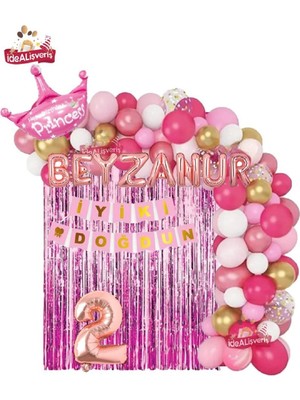7 Harfli Rose Isimli Pembe Beyaz Konseptli Kraliçe Taçlı Doğum Günü Balon Zincir Parti Seti Süsü