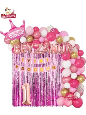 Bkmc Party 7 Harfli Rose Isimli Pembe Beyaz Konseptli Kraliçe Taçlı Doğum Günü Balon Zincir Parti Seti Süsü