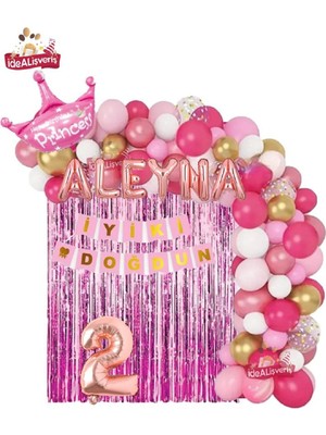 6 Harfli Rose Isimli Pembe Beyaz Konseptli Kraliçe Taçlı Doğum Günü Balon Zincir Parti Seti Süsü