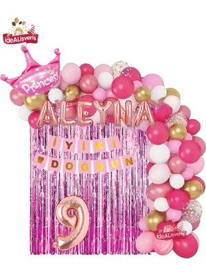 6 Harfli Rose Isimli Pembe Beyaz Konseptli Kraliçe Taçlı Doğum Günü Balon Zincir Parti Seti Süsü
