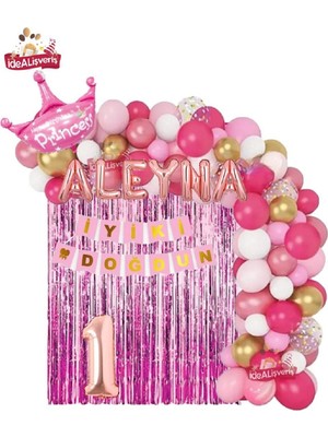 Bkmc Party 6 Harfli Rose Isimli Pembe Beyaz Konseptli Kraliçe Taçlı Doğum Günü Balon Zincir Parti Seti Süsü