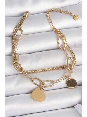 316L Çelik Gold Renk 2'li Zincir Model Sallantı Kalp Figür Kadın Bileklik