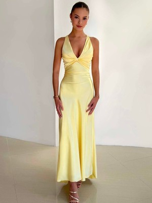 Saten Kruvaze Yaka Sarı Elbise