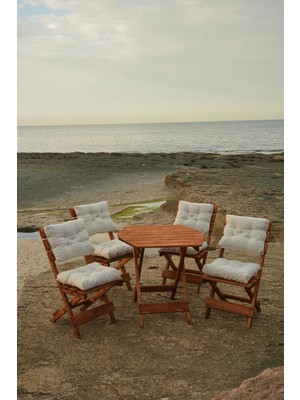 Ahşap 4 1 Sekizgen (Krem ) Bahçe Balkon Mutfak Tipi Katlanır Masa-Sandalye Takımı