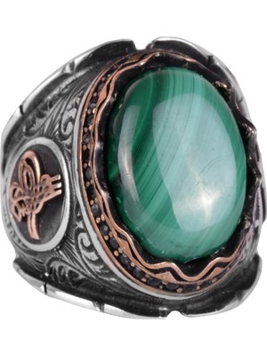 925 Ayar Katı Gümüş Erkek Yüzük, Doğal Malakit Taş Yüzük, Şifa Enerjisi Tasarımı, Osmanlı Tuğra Gümüş Yüzük