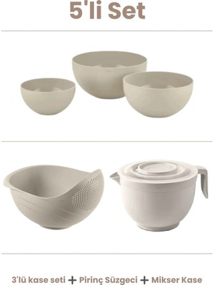 Kapaklı Mikser Kase, Süzgeç, Pirinç Süzgeci, Kase Seti, Büyük Boy Kase, Yuvarlak Kaseler 5'li Set