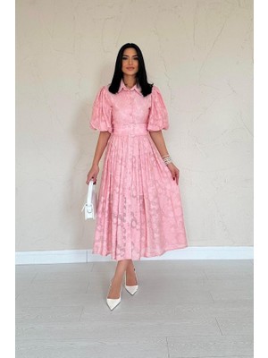 Alinn Butikk Pembe Kemerli Balon Kollu Elbise