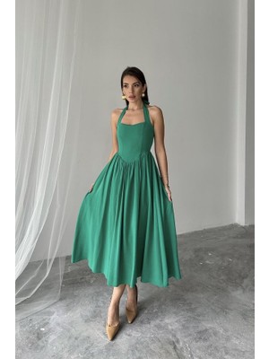Nidam Butik Yeşil Boyundan Bağlamalı Keten Elbise