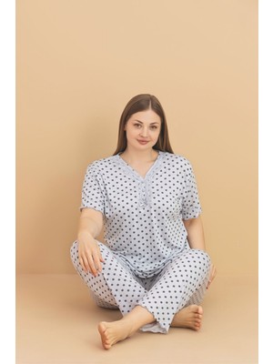 Kadın Büyük Beden Desenli Yakası Düğmeli Kısa Kollu Bambu Pijama Takımı