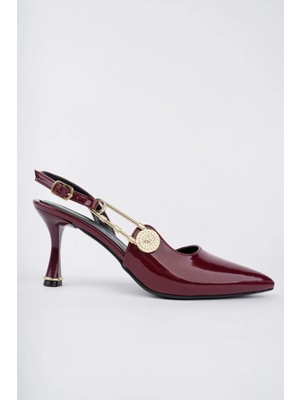 Kadın Topuklu Ayakkabı Topuklu Ayakkabı Bordo Rugan Topuklu Ayakkabı Yandan Şık Tokalı Sivri Burun
