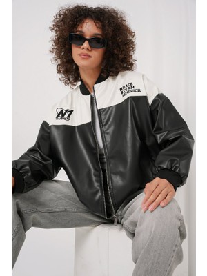 La Mode Istanbul 0698 Baskılı Suni Deri Bomber Ceket - Beyaz