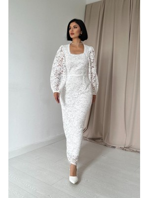Nidam Butik Beyaz Güpür Detaylı Dantel Elbise