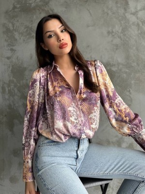 La Mode Istanbul Desenli Dökümlü Saten Gömlek