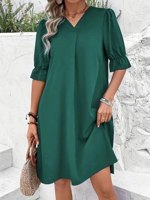 Nidam Butik Kadın Kısa Kollu V Yakalı Salaş Janjan Krep Elbise