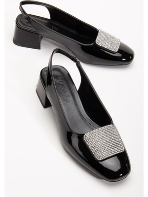 Büyük Numara Kadın Kısa Topuklu Ayakkabı Siyah Kare Taşlı Açık Topuk