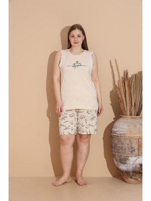 Kadın Milan Kumaş Büyük Beden Curve Baskılı Desenli Bambu Şortlu Pijama Takımı