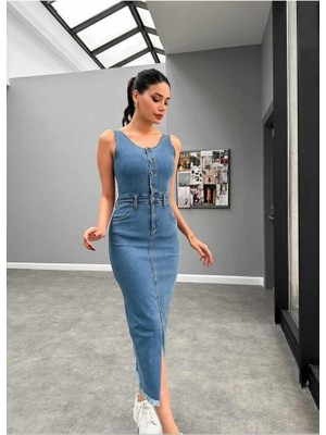 Nidam Butik Mavi Likralı Kot Jile Elbise