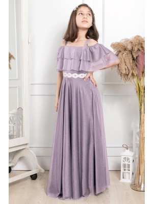 Fırfır Detaylı Simli Tül Çocuk Abiye Lila MDV314