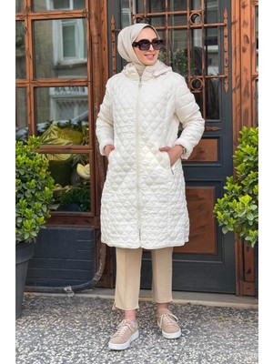 Kayra Kapüşonlu Çift Taraflı  Mont KA-A24-27302 Ekru