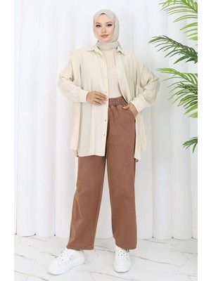 Sefa Merve Beli Lastikli Kot Pantolon 9633-10 Koyu Kahverengi