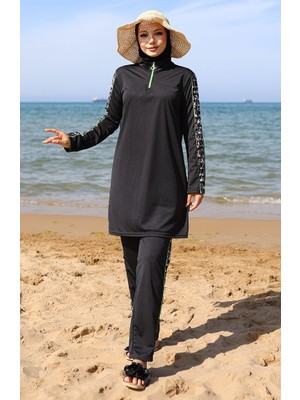 Sefa Merve Fermuarlı Tesettür Mayo 2503-01 Siyah Yeşil