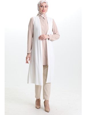 Sefa Merve Mevsimlik Uzun Basic Yelek Büyük Beden Anne Yelek 8748-A04 Kırık Beyaz