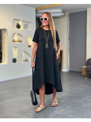 Alinn Butikk Kadın Kısa Kollu Bisiklet Yaka Asimetrik Kesim Ön Viskon Arkası Trikoton Elbise