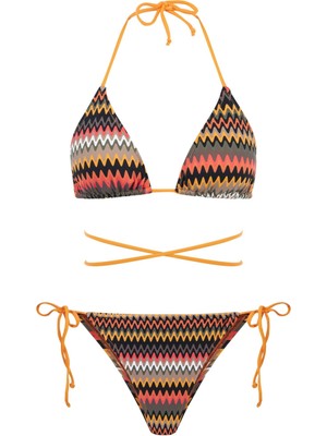 Aquella Renkli Desenli Üçgen Bağlamalı Bikini Takım