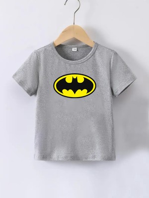 Maki Homekaliteli Penye Kız Erkek Çocuk Baskılı Beyaz Gri Siyah Tshirt 5 6 7 8 9 10 11 12 13 14 Yaş Batman