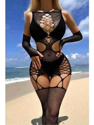 Siyah Jartiyer Görünümlü Göğüs Detaylı Açık File- Dantel  Vücut Çorabı – Dantel Ve Sırt Detaylı