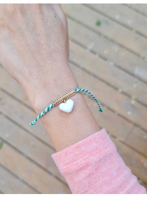 Murano Beyaz Kalp Cam Boncuklu Yeşil Beyaz Bileklik