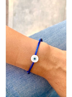 Beyaz Nazar Boncuklu Mavi Ip Bileklik