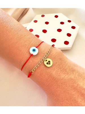 Ikili Kırmızı Cam Nazar Boncuklu Kalp Bileklik