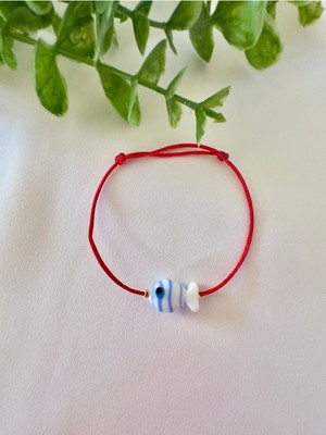 Beyaz Mavi Çizgili Cam Murano Balık Kırmızı Bileklik