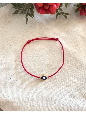 Altın Kaplama Nazar Boncuklu Kırmızı Ip Bileklik ( Mavi )