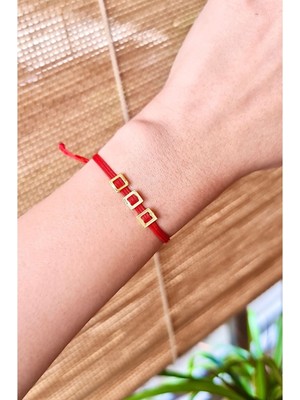 Minimal 3 Kare Kırmızı Ip Bileklik